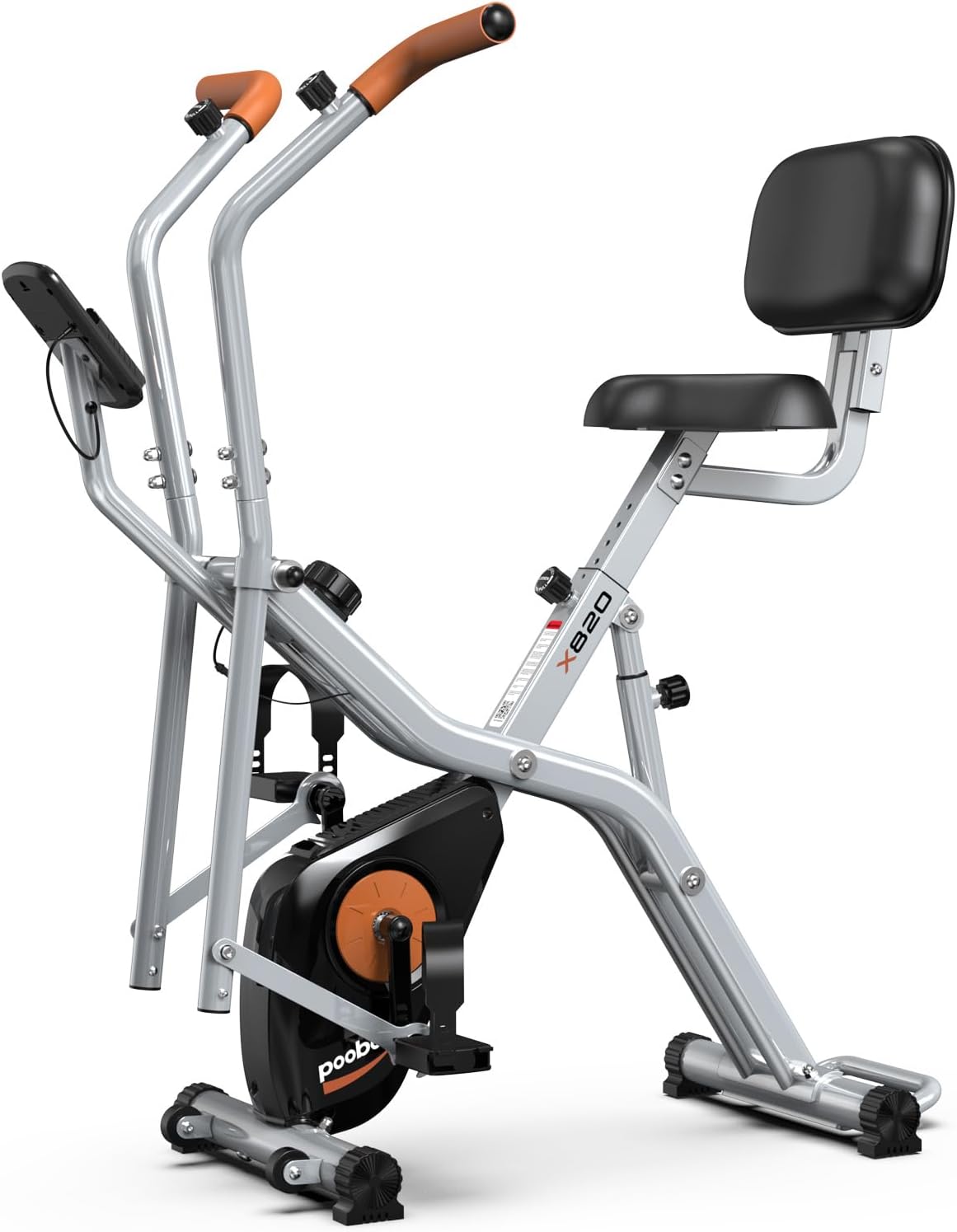 pooboo Folding Exercise Bike, Foldable Upright Stationary Bike, Indoor Cycling Magnetic X-Bike with 8-Level Adjustable Resistance, 6.6 LBS Flywheel, 300LB Capacity, Back Support Cushion for Home Gym