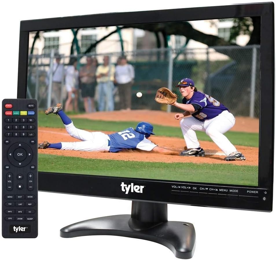 Tyler 14' Portable TV LCD Monitor 1080P Rechargeable Lithium Battery Operated, 2 Antenna, HDMI, USB, RCA, FM Radio, Digital Tuner, AV Inputs, AC/DC, TV Stand and Remote Control for Car Travel