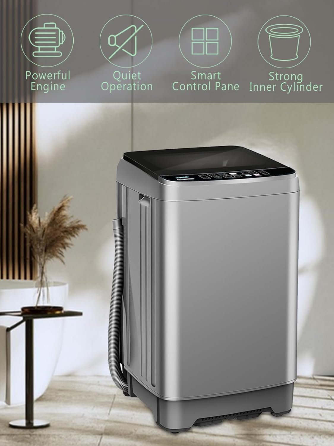 25 lbs Full Automatic Washing Machine with LED Display Compact Washing Machine with a Glass Cover Drain Dump, 10 Wash Programs and 8 Water Levels Ideal for Dorms, Apartments, RV, Grey