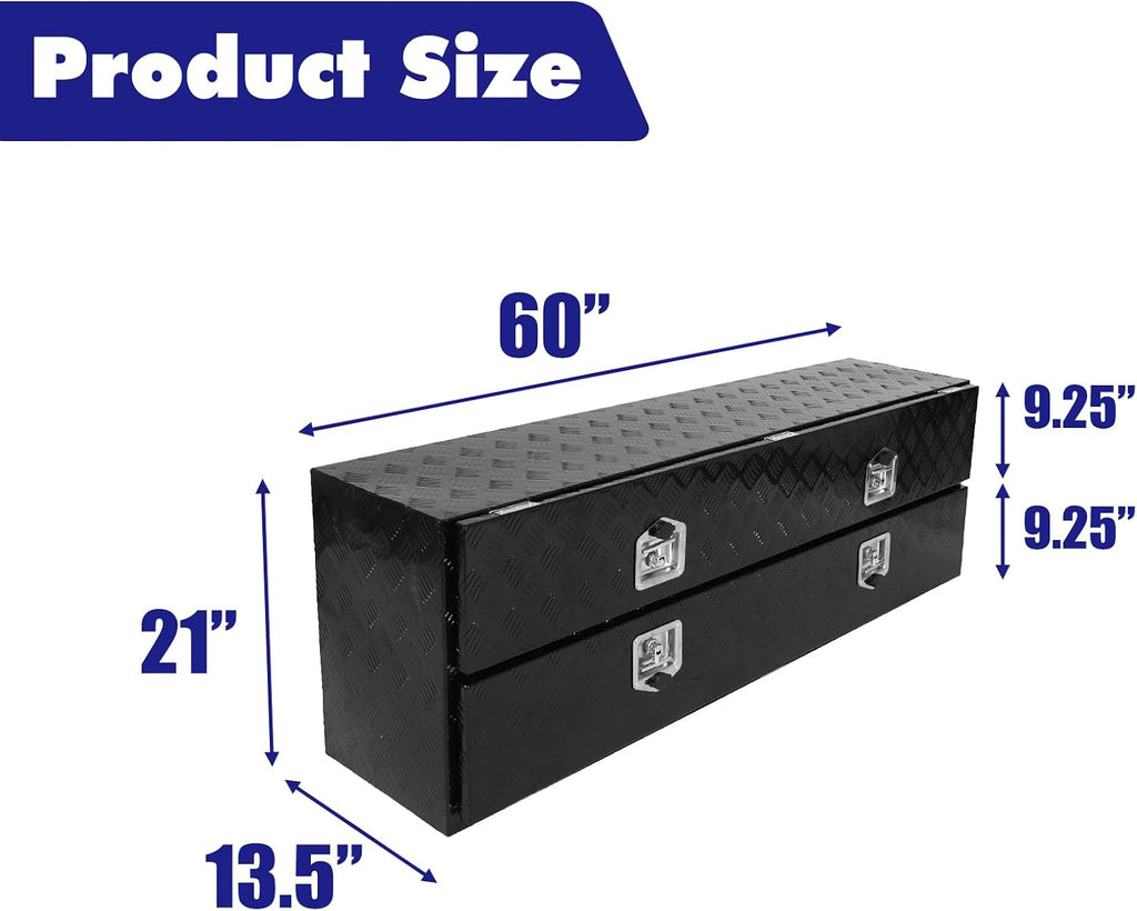 Aluminum Truck Tool Box w/Two Door,5 Bar Tread Truck Storage box w/Lock For Organization,Multifunction Black 60'x21'x15' Truck Toolboxes, For Truck,Trailer,RVs,Toolroom,Garage.