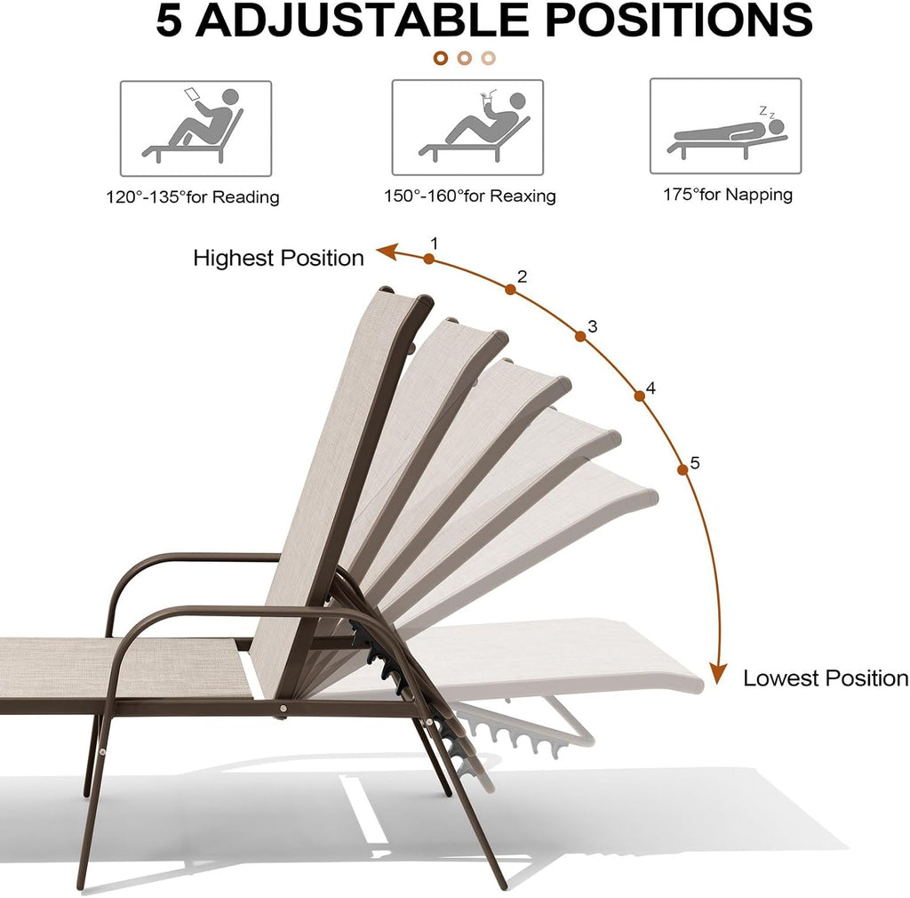 Crestlive Products Chaise Lounge Chair Outdoor with Armrests, Pool Lounge Chairs Set of 4, Aluminum Adjustable 5 Positions Sun Tanning Lounger for Patio, Poolside, Yard, Deck, Backyard (Beige)