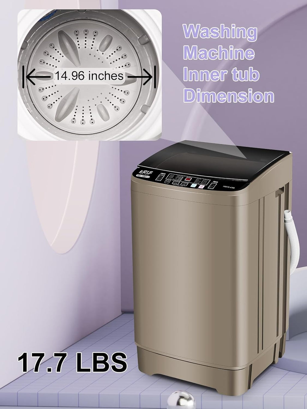 Krib Bling 17.7 lbs Full-Automatic Washing Machine with Drain Pump, Compact Washer, 10 Wash Program & 8 Water Level, Ideal for Apartment, Dorm, RV Gold