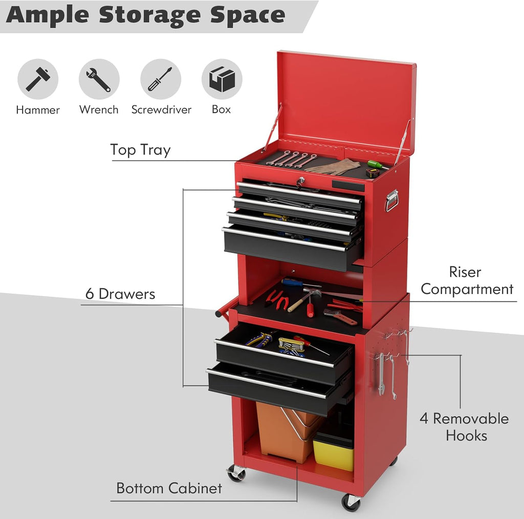 Goplus Tool Chest, 3-in-1 Rolling 6 Drawers Tool Cabinet with Detachable Top Toolbox, Middle Tool Storage, Universal Lockable Wheels, Protective Liner, Auto Lock, Metal Tool Box for Garage Workshop