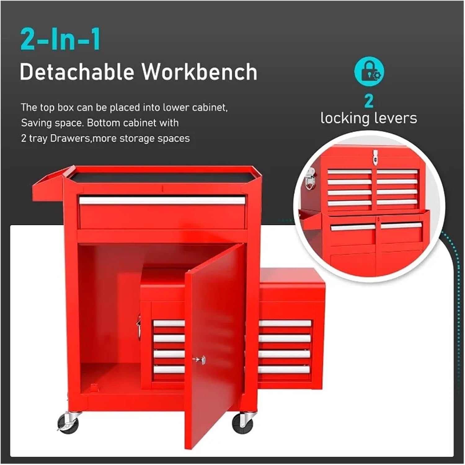 Multifunctional Portable Rolling Tool Chest with Detachable Top Box and Lockable Wheels | Heavy Duty Tool Cabinet with Drawer Liners, for Garage, Warehouse & Repair Shop for Garage(Blue)