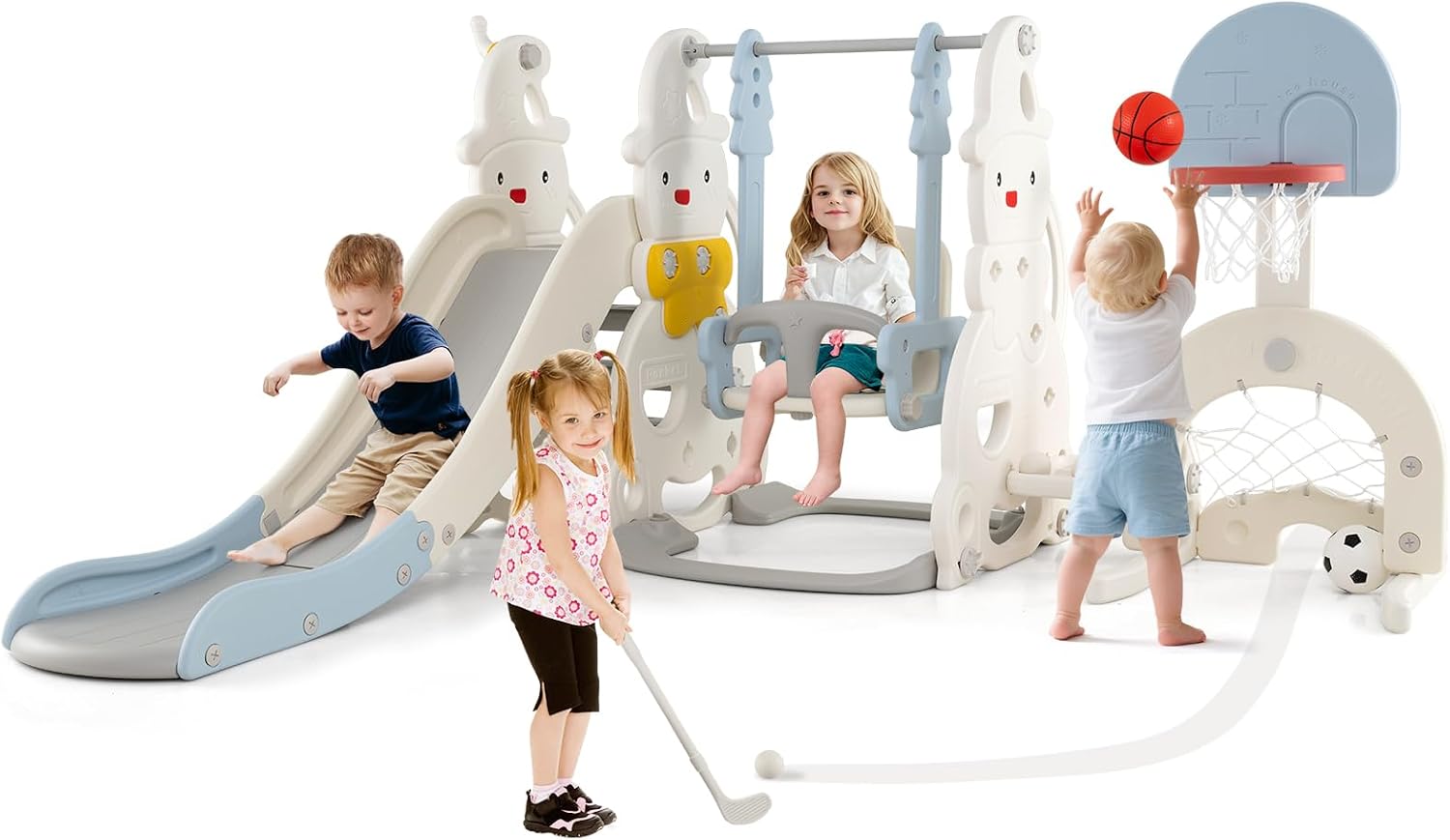 Costzon Toddler Swing and Slide Set, 7 in 1 Toddler Slide for Kids w/Height Adjustable Basketball Hoop & Swing, Climber, Golf, Soccer, Ring Tossing, Freestanding Indoor Playground for Girls & Boys