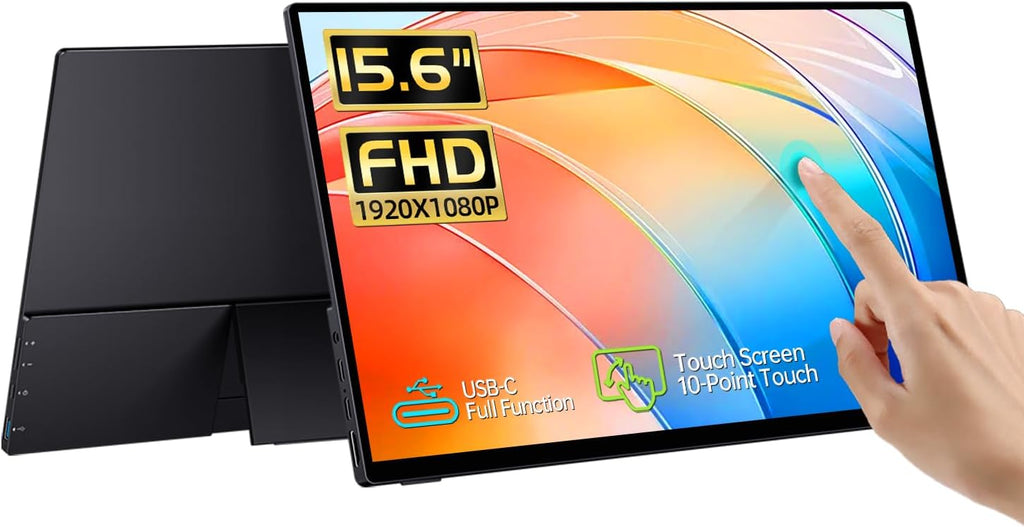 CAPERAVE 15.6'' Portable Monitor Touchscreen, FHD IPS Touch Screen with Tempered Glass, Travel Monitor with Kickstand & Speaker, HDMI USB C External Monitors for Mac Laptop Phone Computer