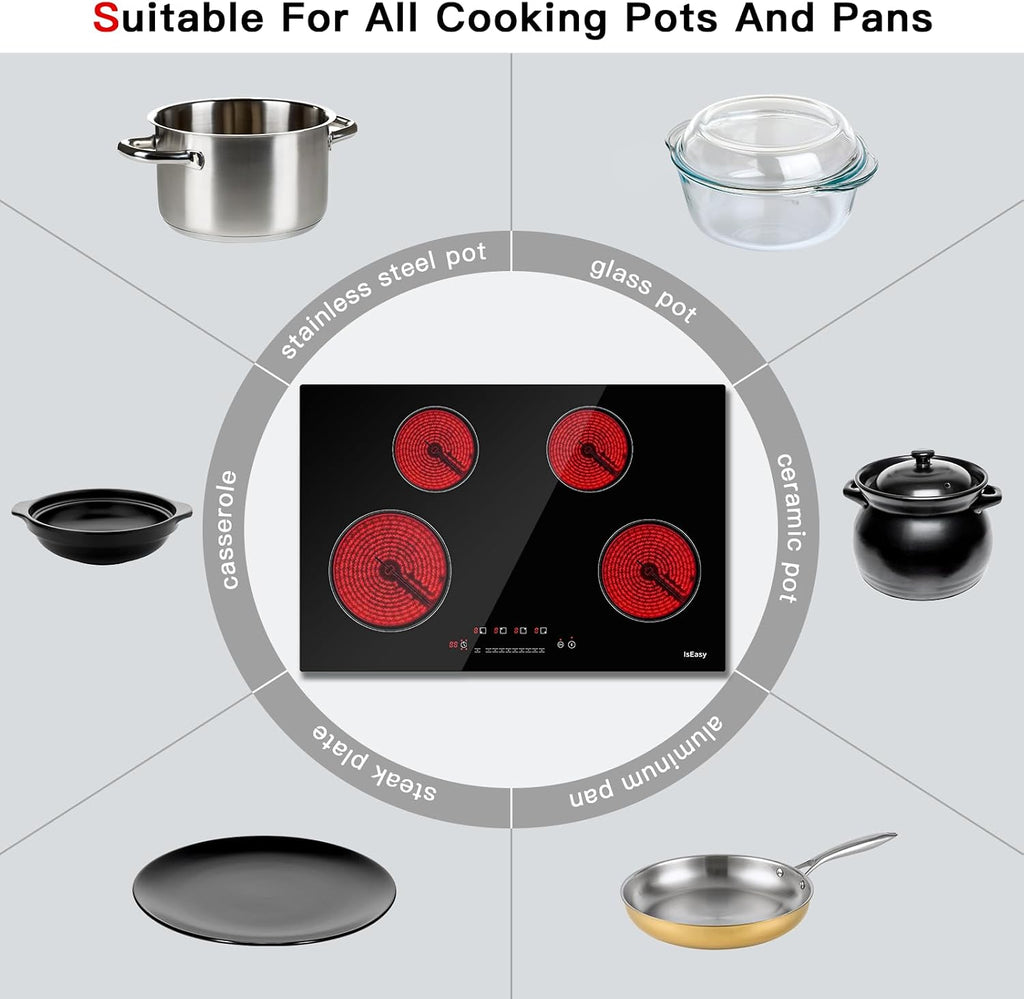 Electric Cooktop 30 inch Ceramic Stove 4 Burners 6700W Built-in Stove Top Electric Hot Plate Satin Glass cooktop in Black Touch Sensor Control/Timer/Child Safety Lock/9 Power Levelsr/220-240V