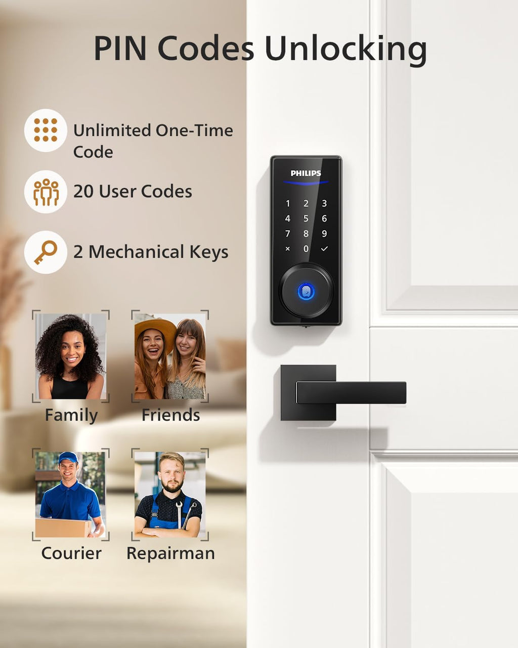 Philips Fingerprint Smart Lock with 2 Lever, Wireless Dual Camera Video Doorbell+ Keyless Entry Door Lock Deadbolt,2K HD Camera,No Monthly Fee