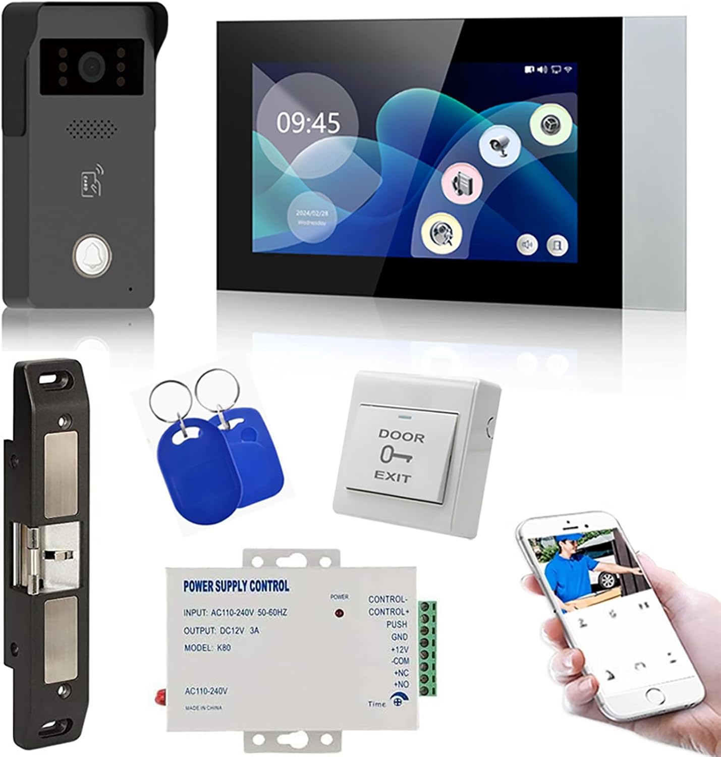 LCD Video Door Intercom Access Control System Electric Strike Push Rod Lock for Panic Bar& Power Unit Full Kits Cards Phone App Remote Open