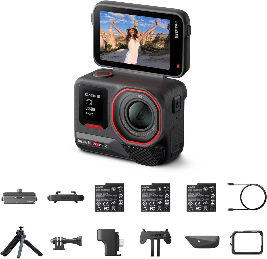 Insta360 Ace Pro 2 Ultimate Bundle Dual Battery - 8K Waterproof Action Camera Co-Engineered with Leica, 1/1.3' Sensor, Dual AI Chip, Leading Low Light, Superior Audio, Flip Screen & AI Editing