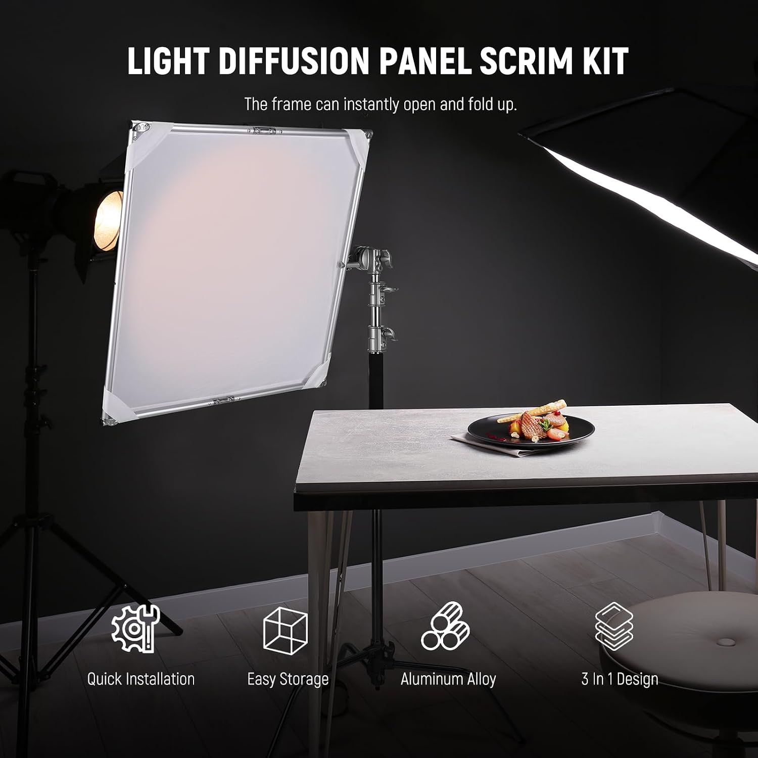 NEEWER Light Diffusion Panel Scrim Kit with Silver/White Reflector Film 30'x30' Foldable Frame with 5/8' Baby Pins Handle for C Stand 3 in 1 Diffuser for Studio Portrait Product Photography, SF7575F