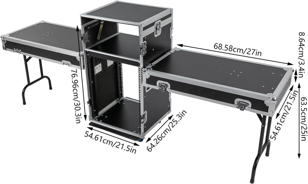 PA DJ Rack,661.39Lbs Heavy Duty Plywood Mobile Studio Equipment Cabinet with 4 Rubber Wheels,Freestanding Audio Rack/Road Case Vertical Rack Recording Studio Cabinet Racks (14U/Side Table) (2 Tiers)