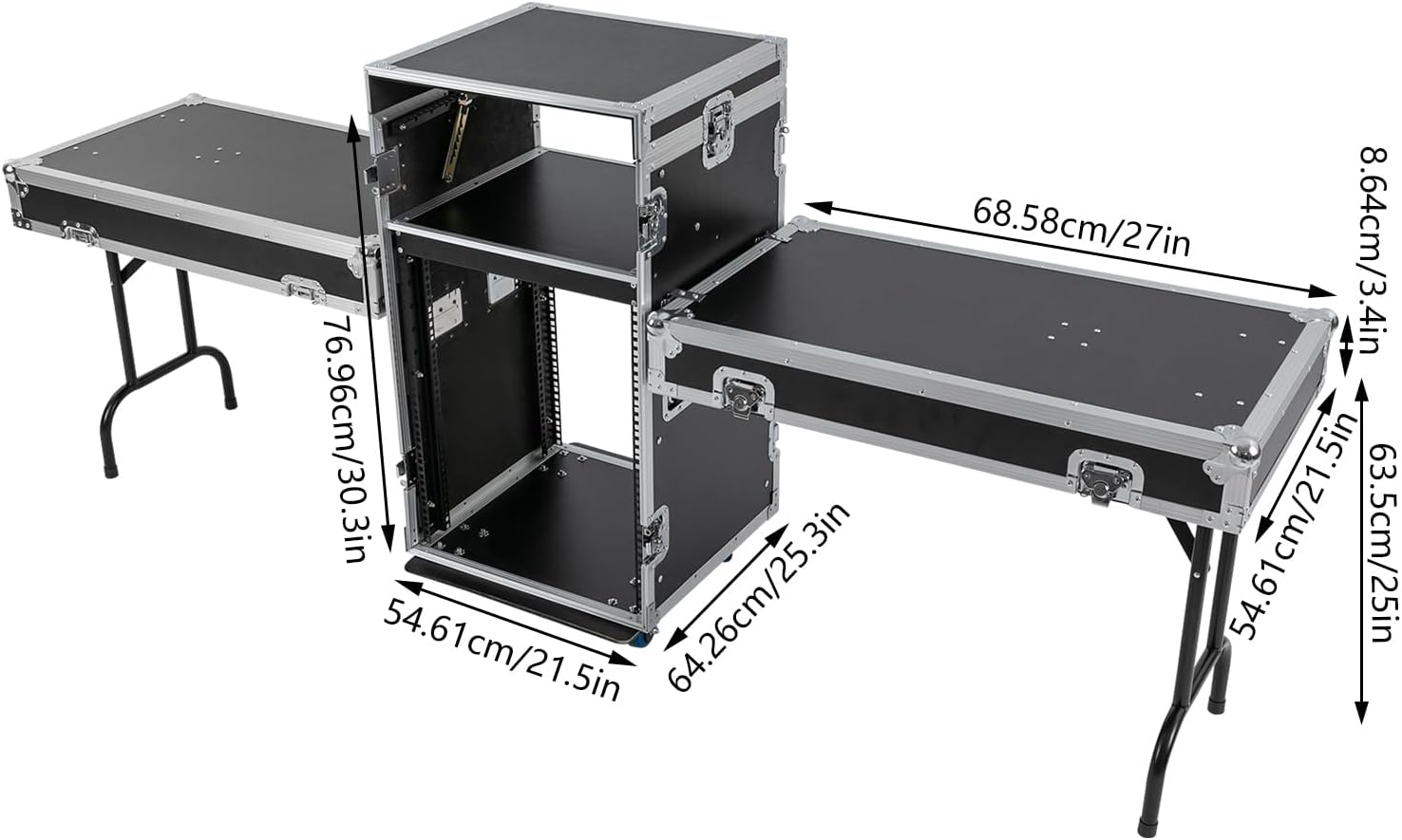 PA DJ Rack,661.39Lbs Heavy Duty Plywood Mobile Studio Equipment Cabinet with 4 Rubber Wheels,Freestanding Audio Rack/Road Case Vertical Rack Recording Studio Cabinet Racks (14U/Side Table) (2 Tiers)