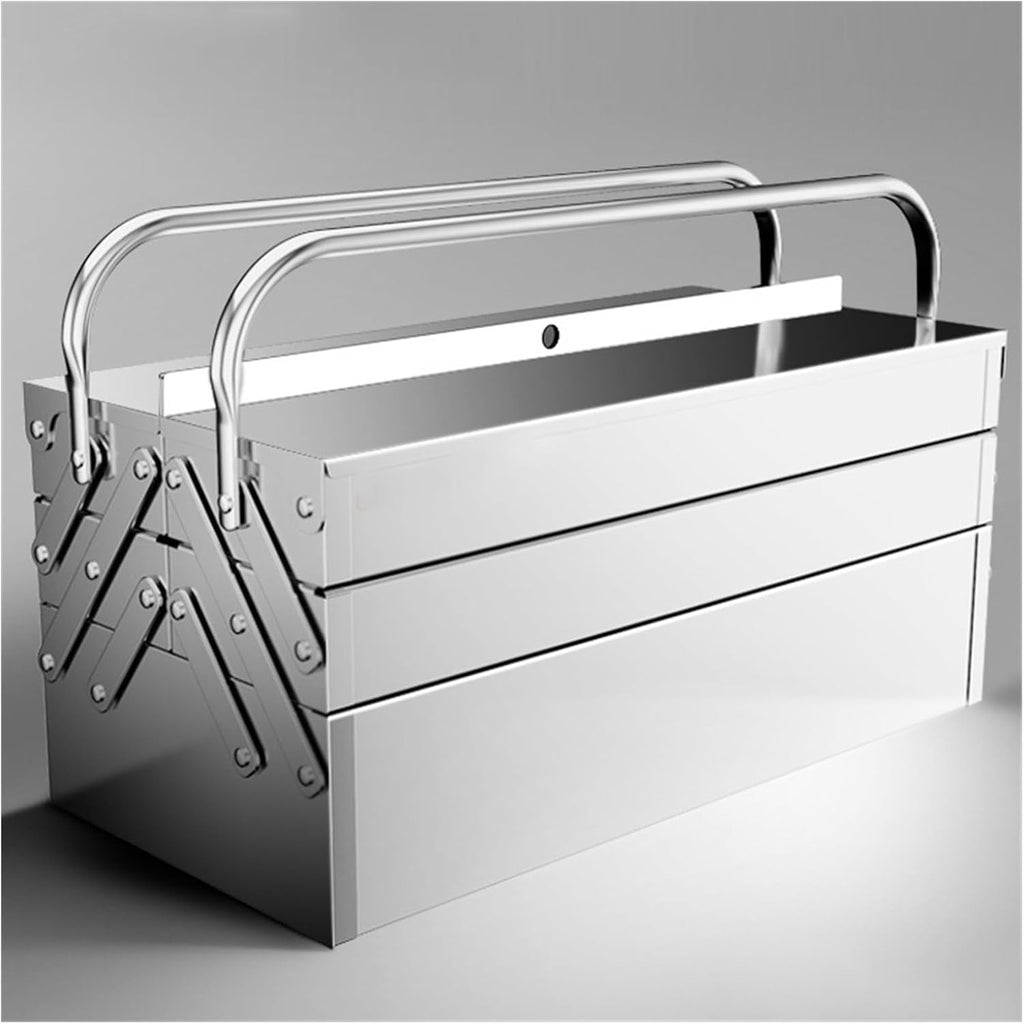 Toolbox Portable Stainless Steel Tool Box with 3 Level Fold Out Organizer Storage - Heavy Duty Metal Frame with Smooth Metal Cantilever latchets- Hand Carry Tool Box