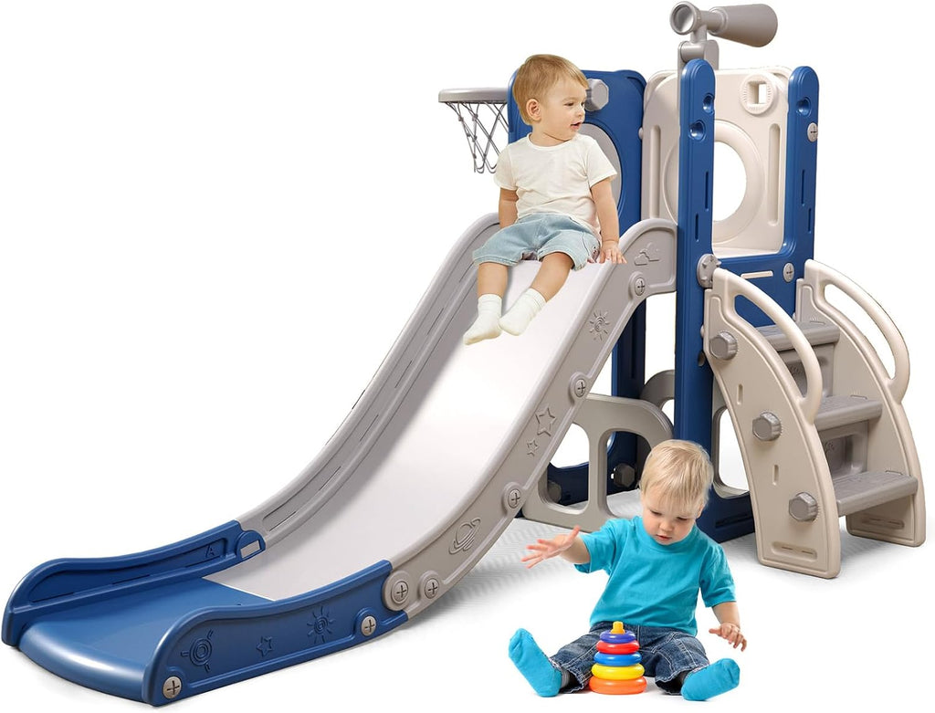 6 in 1 Toddler Playset with Slide,Toddler Slide,Slide for Kids with Basketball Hoop,Ball,Ring Toss,Kids Slide Toddler Playground Toddler Slide Indoor Outdoor Toys
