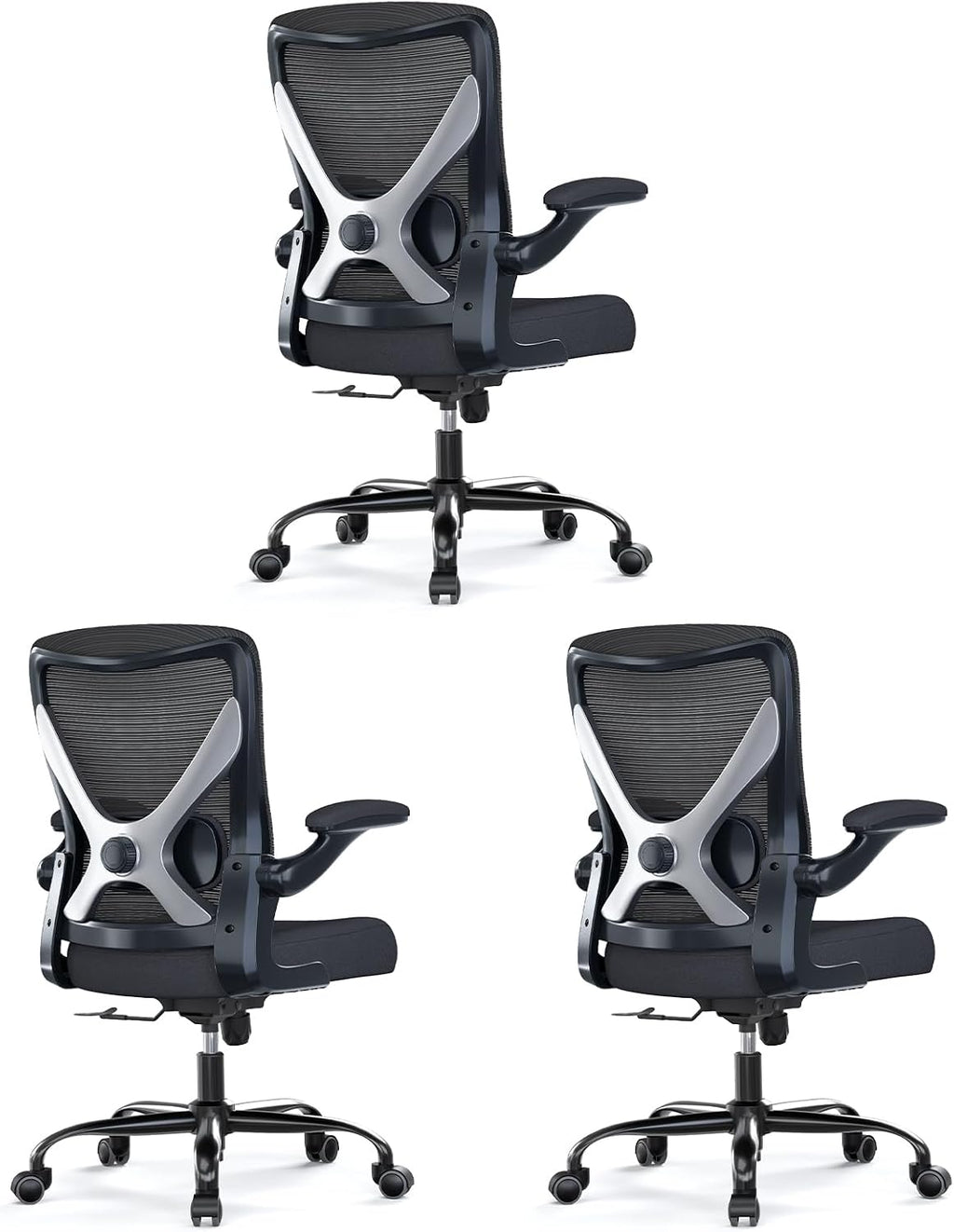 Ergonomic Office Chair - X-Shaped Computer Desk Chairs Comfy, Mesh High-Back Gaming Chair with Adjustable Lumbar Support, Executive Task Chair for Adults, Comfortable for Long Hours, Black, Pack of 3