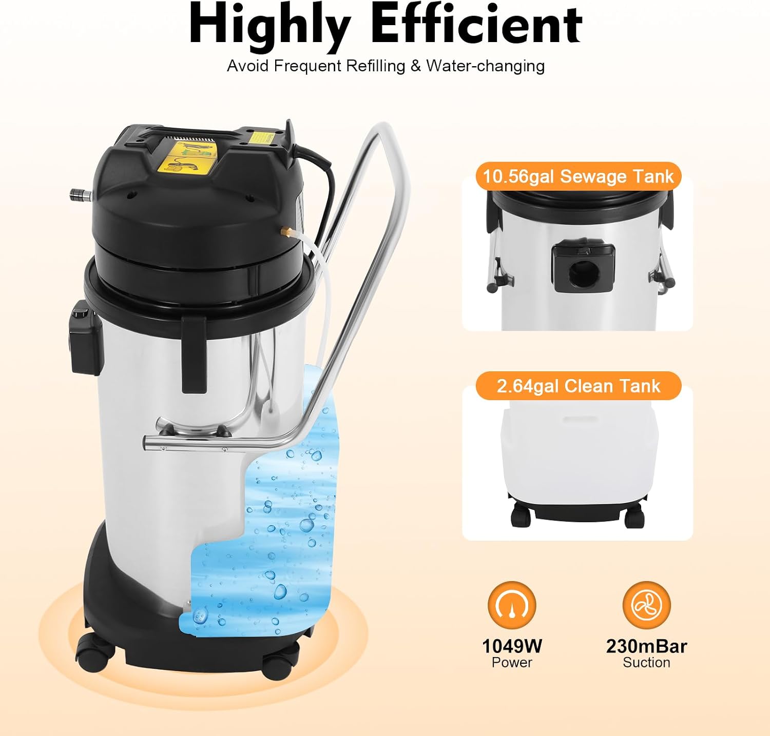 Commercial Carpet Cleaner Machine, 230mbar Heavy-Duty 10.6Gal Tank Stainless Steel Carpet Shampooer with 4 Attachments Wet/Dry Cleaner for Carpets/Sofa/Vacuuming 110V