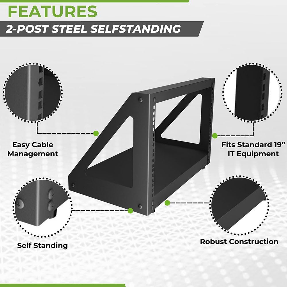 NavePoint 6U 2 Post Server Rack for 19 Inch Equipment, Freestanding Desktop Rack for AV, Networking, Data & IT Devices, Heavy Duty 2-Post Rack 6U 330lbs Weight Capacity, Black