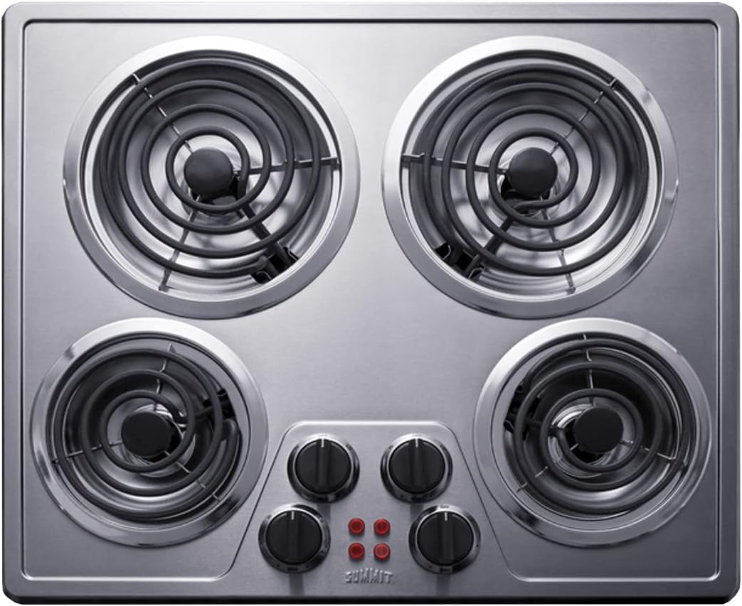 Summit 24' Electric Cooktop, 4 Burners, 208-240V Coil Cooktop, ADA Compliant, Stainless Steel- CR4SS24