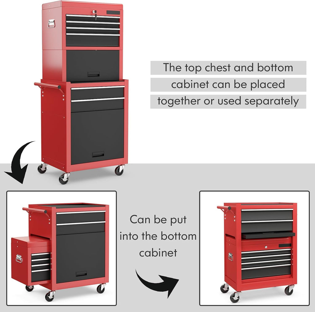 Goplus Tool Chest, 3-in-1 Rolling 6 Drawers Tool Cabinet with Detachable Top Toolbox, Middle Tool Storage, Universal Lockable Wheels, Protective Liner, Auto Lock, Metal Tool Box for Garage Workshop