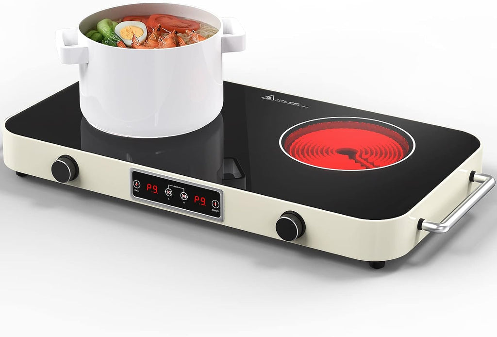Electric Cooktop, Portable Electric Stove 110V 2 Burners 9 Heating Levels with 2 Handle, 2200W Knob Control Child Safety Lock & Timer (Portable)