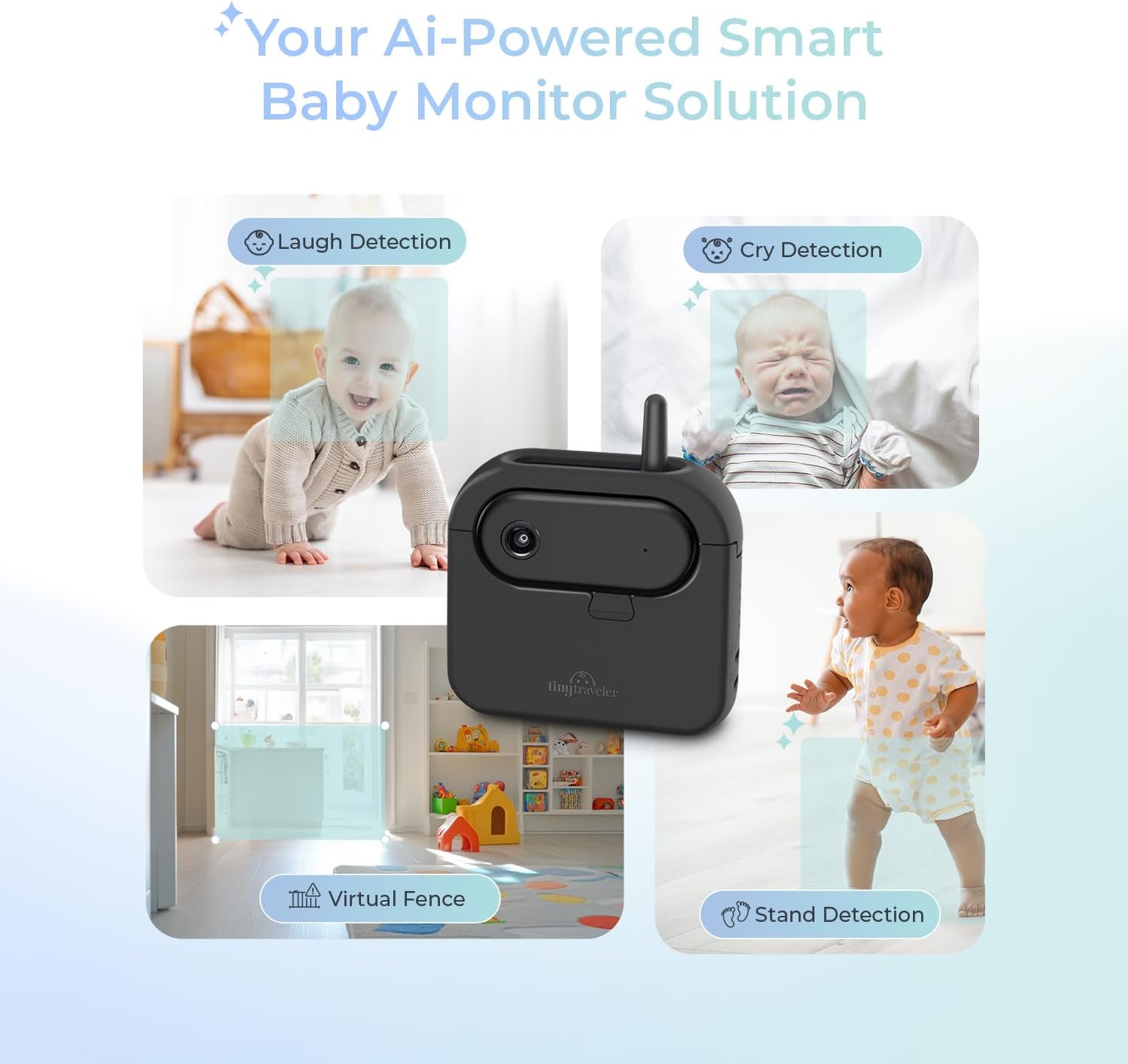 Tiny Traveler Ai Smart Wireless Baby Car Monitor with Power Bank - AI-Powered Safety Alerts: Cry/Laugh/Stand Detection, Virtual Fence, Long Range 1000ft Night Vision Lullabies Night Light - Black