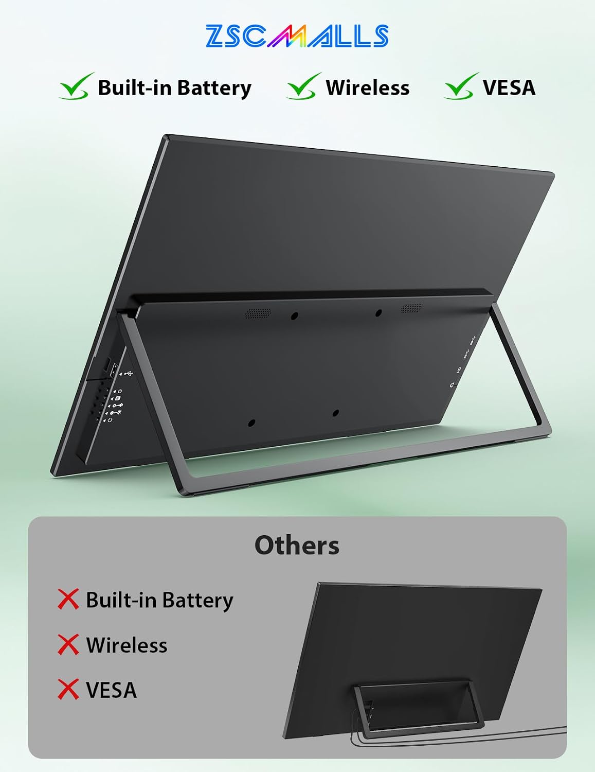 ZSCMALLS 23.8 Inch Wireless Portable Monitor with Built‑in Battery, 1080P FHD IPS Display, AirPlay & Miracast Screen Casting, No App Needed, USB‑C DP Alt Mode & HDMI, VESA
