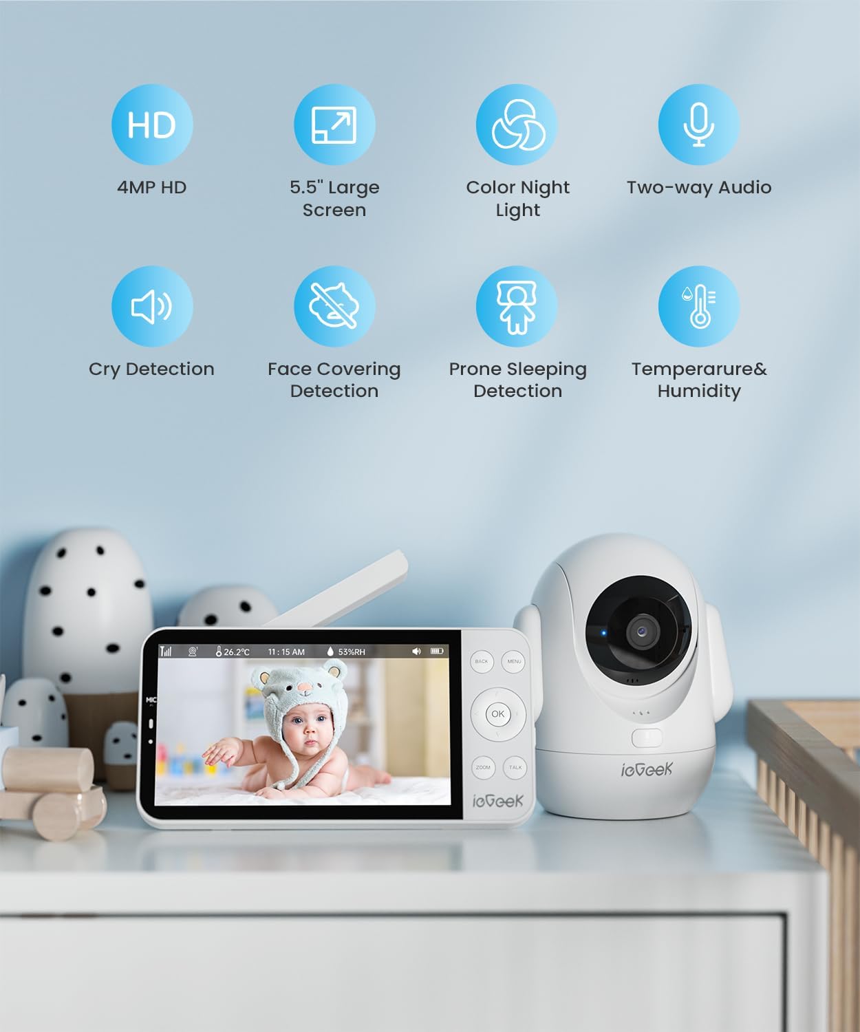 ieGeek 5.5'' Split-Screen Baby Monitor,2.5K UHD Baby Monitor with 2 Cameras and Audio,Night Light,Prone Sleeping&Cry Detection,Two-Way Talk,Night Vision,2.4G&5Ghz WiFi App Control,4000mAh Battery