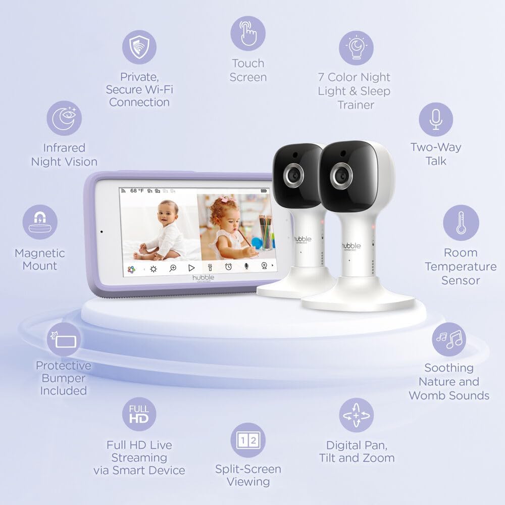 Hubble Connected Nursery Pal Cloud Touch Twin Smart WiFi Enabled Baby Monitor with 2 Cameras, 5 Inch HD Color Touchscreen Parent Unit, Plus Preloaded Soothing Sounds, Lullabies, and Stories, White