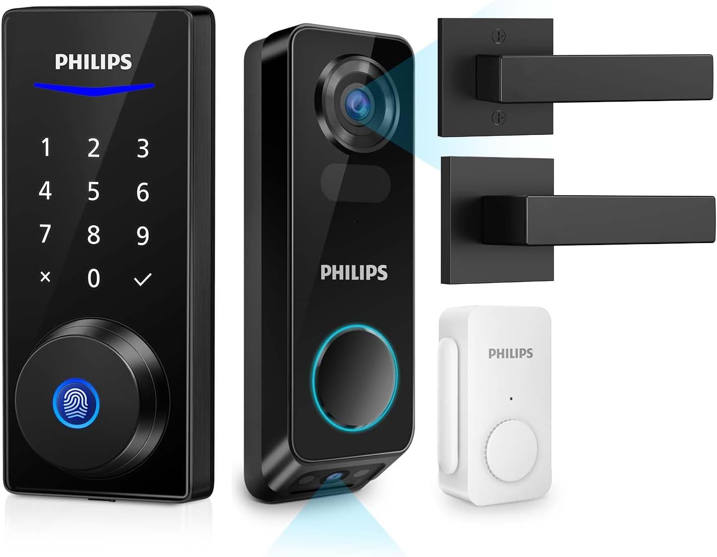 Philips Smart Lock with Handles + Wireless Dual Camera Video Doorbell, Smart Bluetooth Deadbolt, App Remote Control, 2K HD,Doorbell Camera, No Monthly Fee