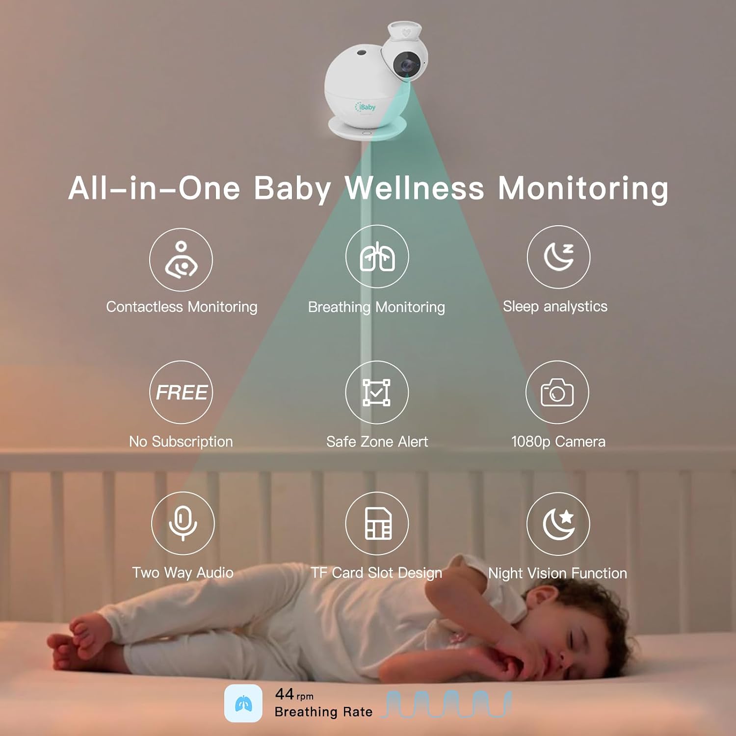 iBaby i7 Contactless Baby Breathing Monitor, Wellness Baby Monitor: Track Breathing, Sleep Pattern - 1080p WiFi Camera, 360° View, Night Vision, 2-Way Audio, Cry & Safety Alerts, Wall Mount