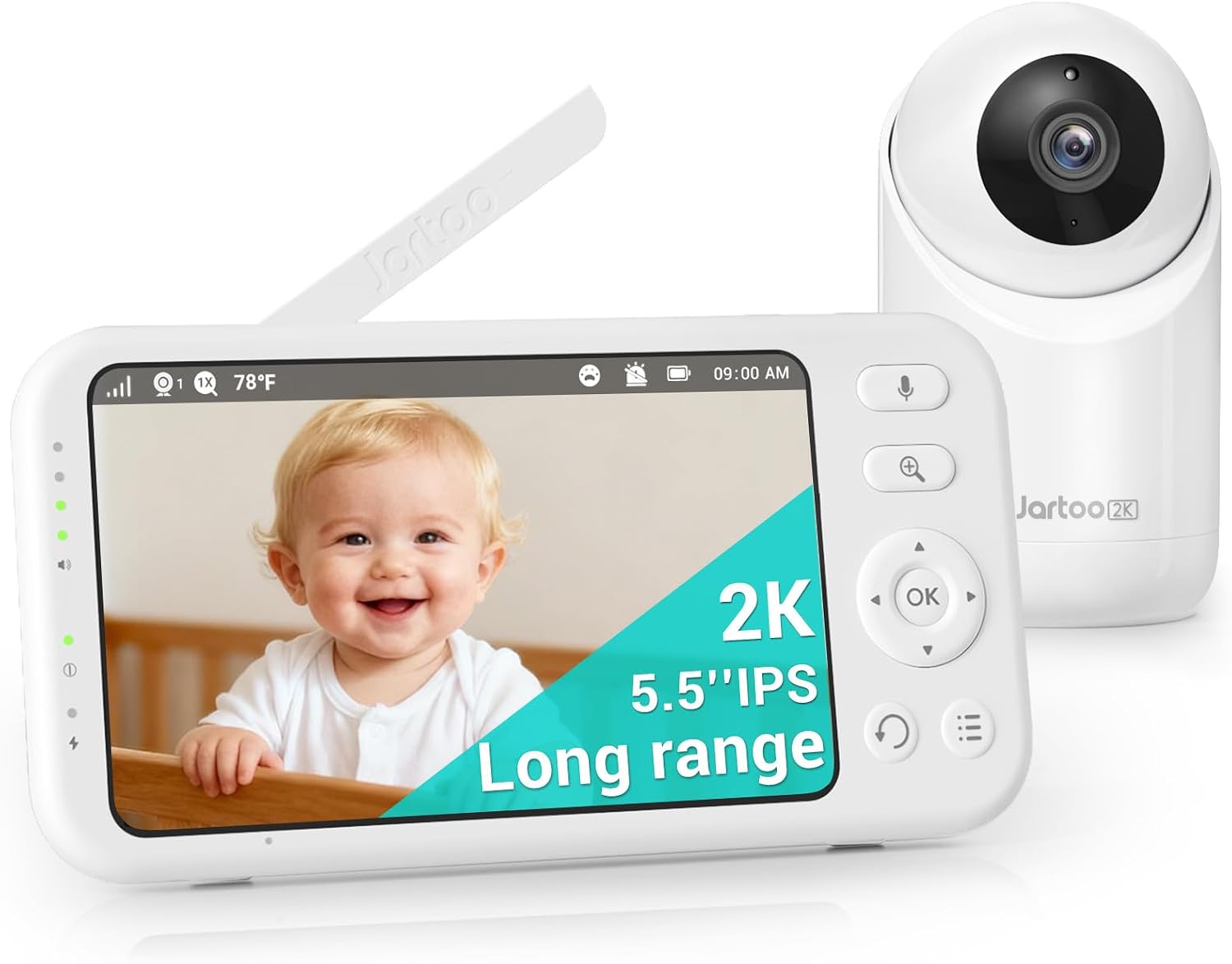 Jartoo 2K 5.5' Video Baby Monitor with Camera and Audio,AI Cry Detect 1860ft Long Range Baby Monitor No WiFi Baby Camera Wireless,Clear Night Vision,ANC, 2-Way Talk,White Noise,6000mAh [2025 New]