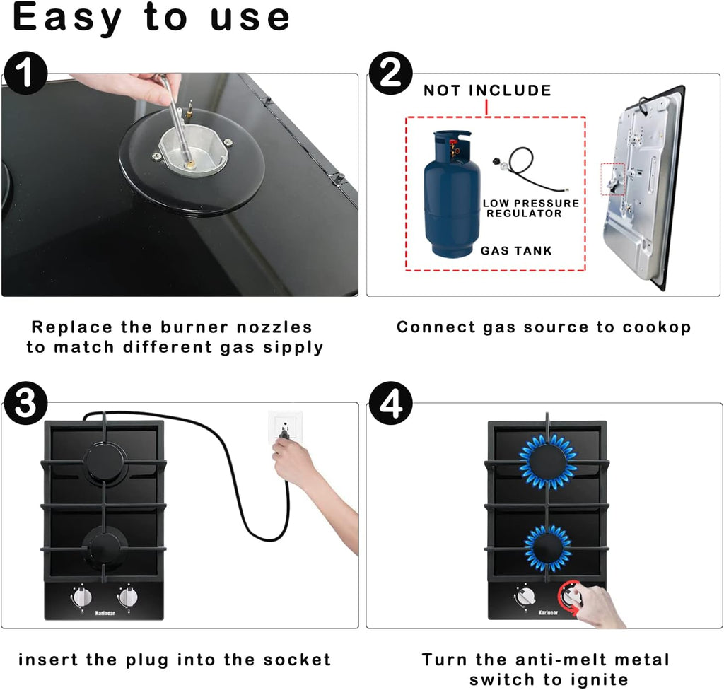 Karinear Gas Cooktop 2 Burner Propane Cooktop, 12 Inch LPG/NG Dual Fuel Gas Stove Top, Built-in Tempered Glass Gas Cooktop for Apartment, Indoor, RV