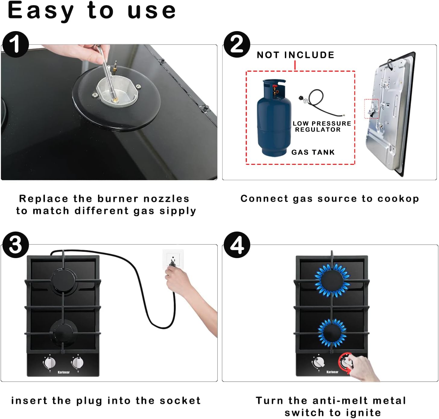 Karinear Gas Cooktop 2 Burner Propane Cooktop, 12 Inch LPG/NG Dual Fuel Gas Stove Top, Built-in Tempered Glass Gas Cooktop for Apartment, Indoor, RV