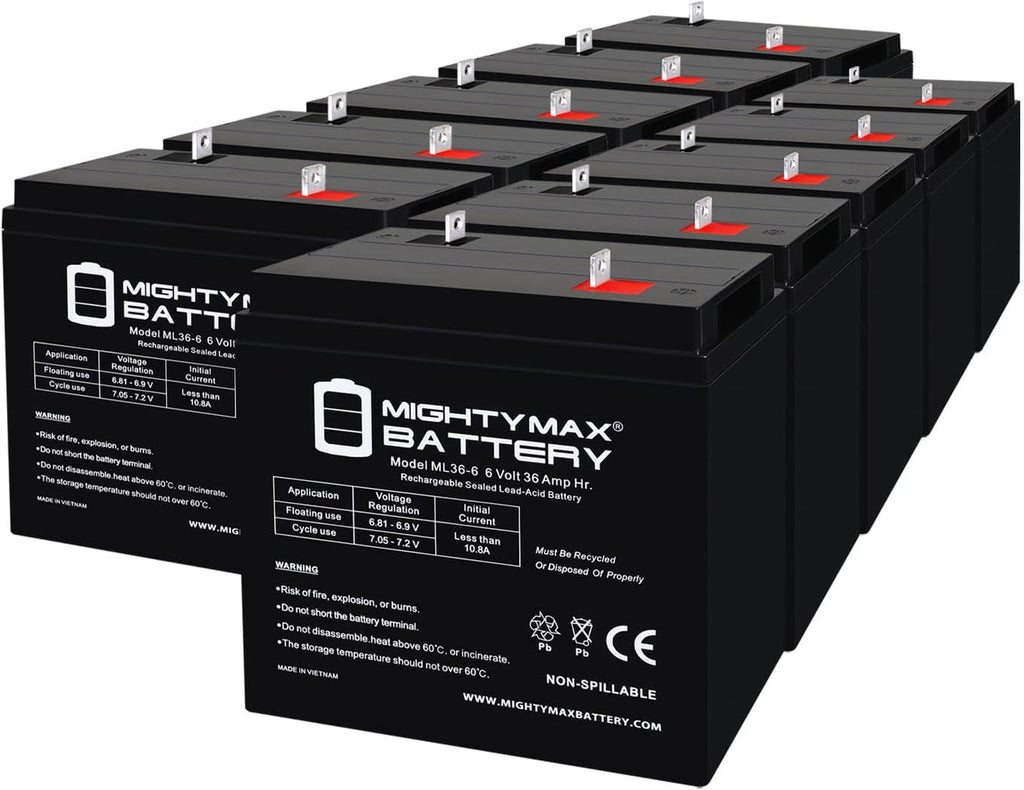 Mighty Max Battery ML36-6NB - 6 Volt 36 AH, NB Terminal, Rechargeable SLA AGM Battery - 10 Pack