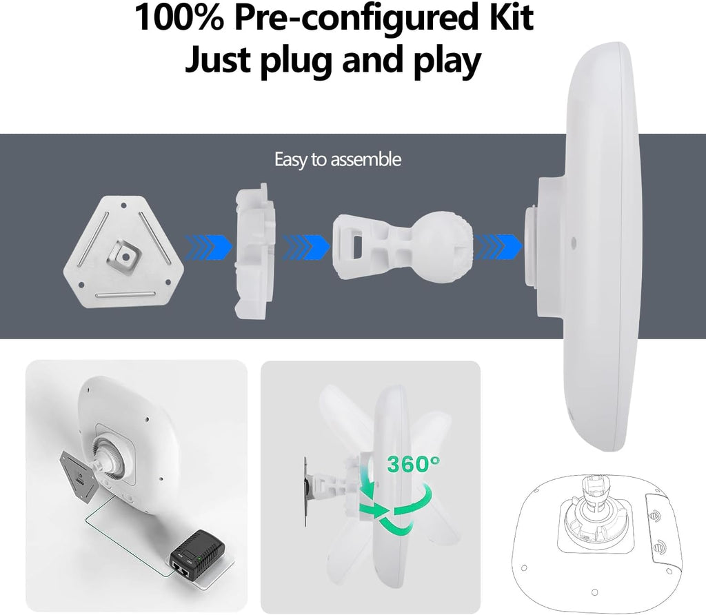 KuWFi 5.8G Gigabit Point to Point WiFi Bridge Kit,TDMA 10KM Long Range Outdoor Point to Point Wireless Bridge CPE, Extending WiFi to outbuildings，Support Starlink Router/Camera
