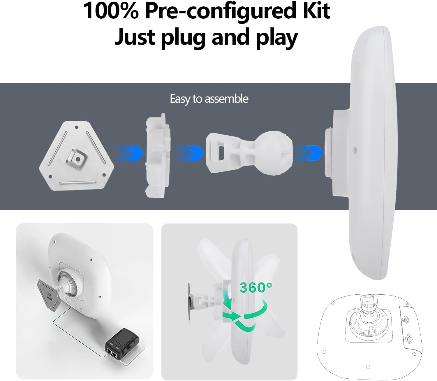 KuWFi 5.8G Gigabit Point to Point WiFi Bridge Kit,TDMA 10KM Long Range Outdoor Point to Point Wireless Bridge CPE, Extending WiFi to outbuildings，Support Starlink Router/Camera