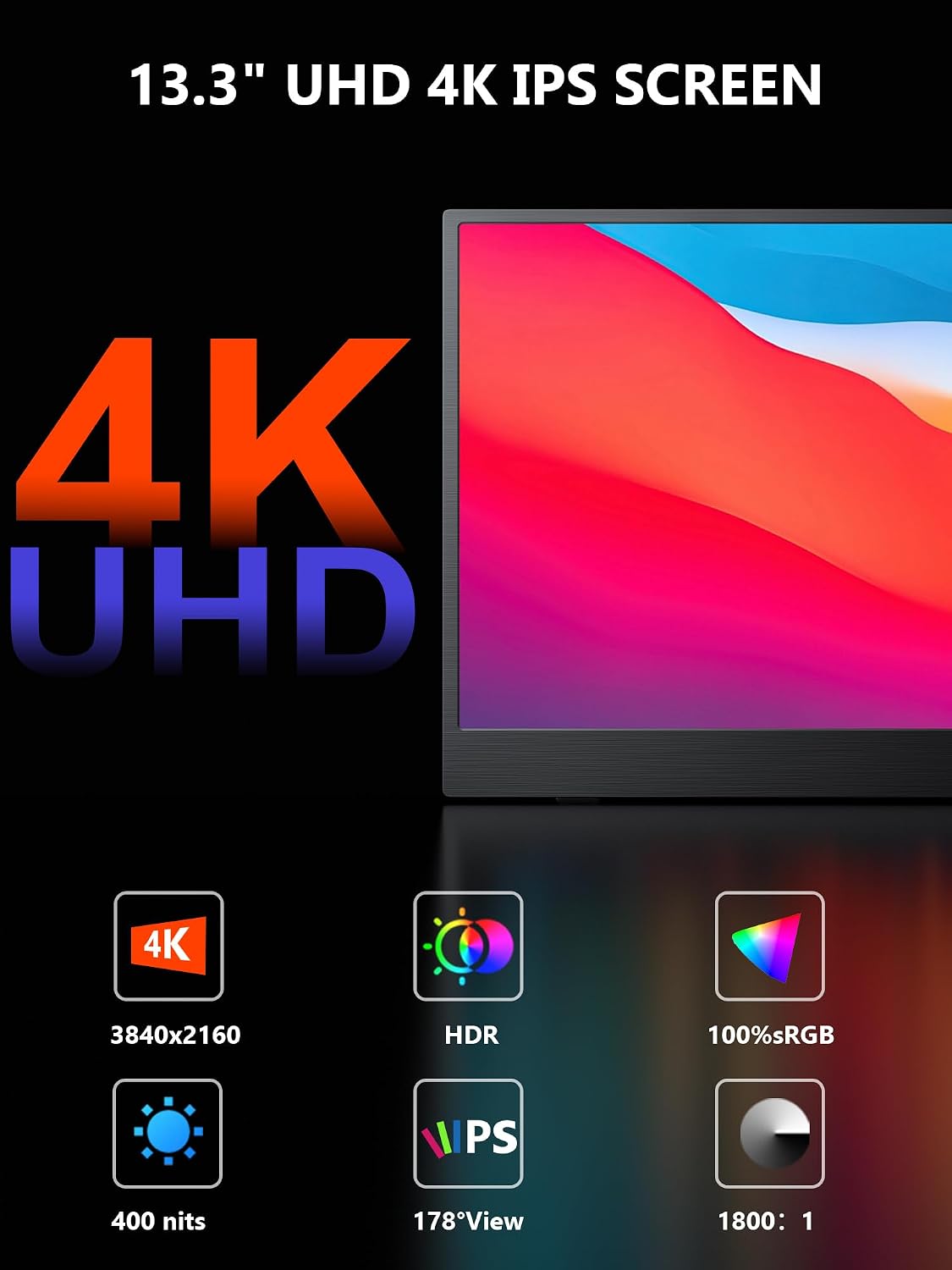 4K Portable Monitor, 13.3' UHD IPS Portable Laptop Screen, Second Screen Dual USB C HDMI Computer Gaming Display with Speakers, Travel Monitor for PC Phone PS4/5 Xbox Switch