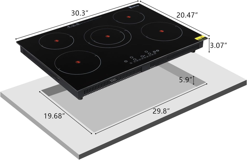 Winado 5 Burners Electric Ceramic Cooktop 30 inch, 220-240V Flat Top Stove, Multi-function Elecric Stove Top w/9 Heating Level, Kid Safety Lock, Sensor Touch Control, Timer Setting 7600W, No Plug