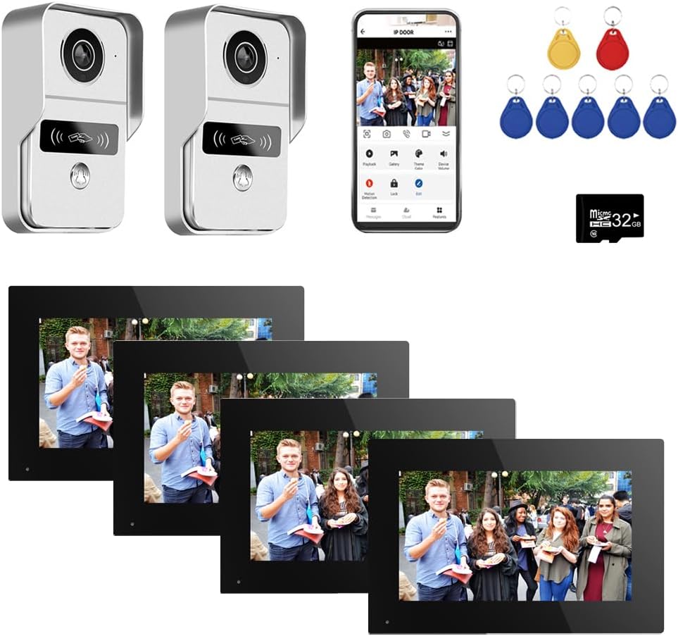 Wired Video Doorbell Apartment Intercom with 7 inch Touch Monitor System,1080P Doorphone Door Camera,TUYA WiFi Smart Home Video Intercom Door Phone Kits for Home Villa (2 doorbell+4 Monitor)