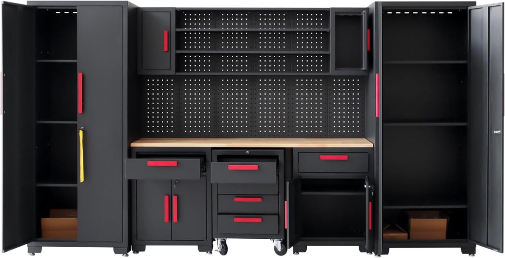 Garage Cabinet Storage System - 9-Piece Workshop Set w/Steel Cabinets & Workbench Includes Rolling Chest & Pegboard Heavy-Duty Black & Red Tool Organization for Garage/Workshop