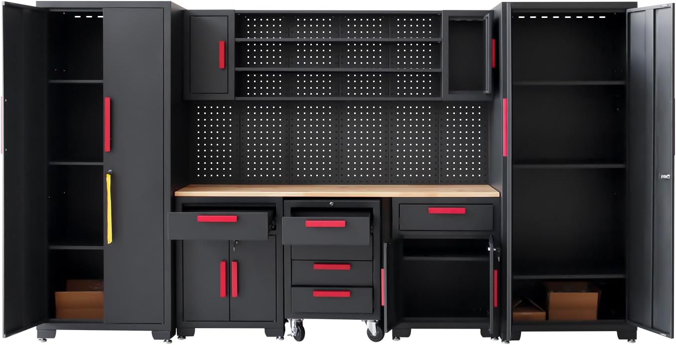 Garage Cabinet Storage System - 9-Piece Workshop Set w/Steel Cabinets & Workbench Includes Rolling Chest & Pegboard Heavy-Duty Black & Red Tool Organization for Garage/Workshop