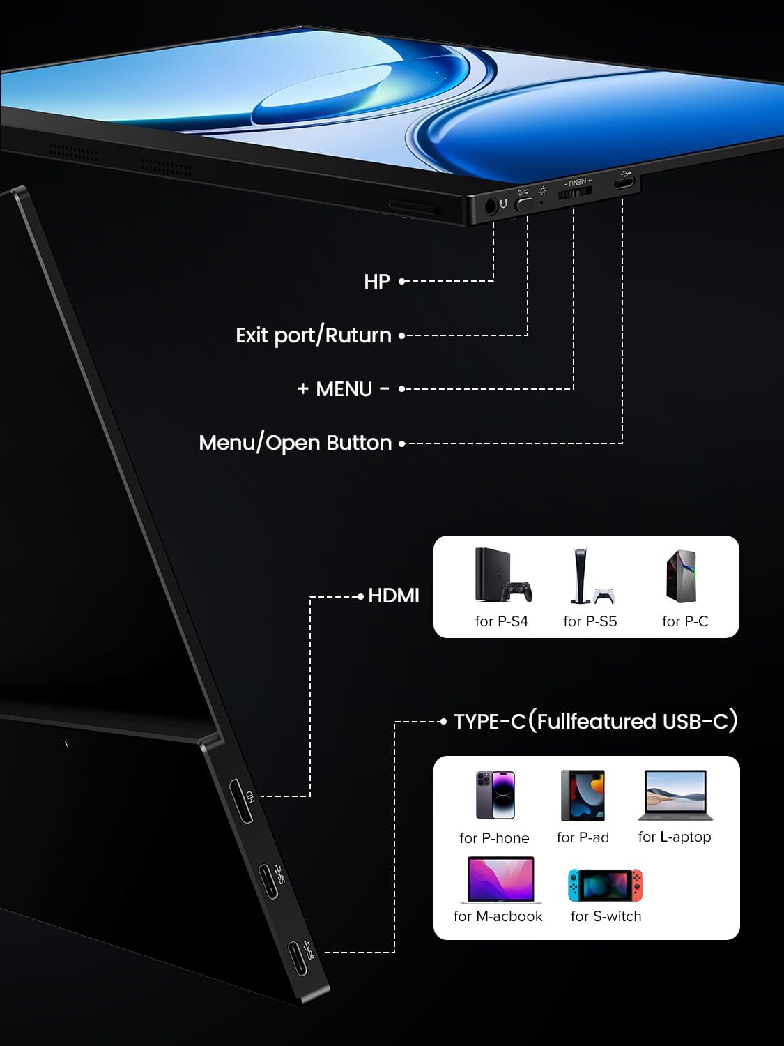 UPERFECT 4K OLED Portable Monitor, 13.3' UHD 3840x2160 Laptop Display, 150% sRGB, 500 Nits, 1ms Response, Ultra-Slim Aluminum Design, Travel Monitor for PC, Phone, Game Console - UColor O Lite