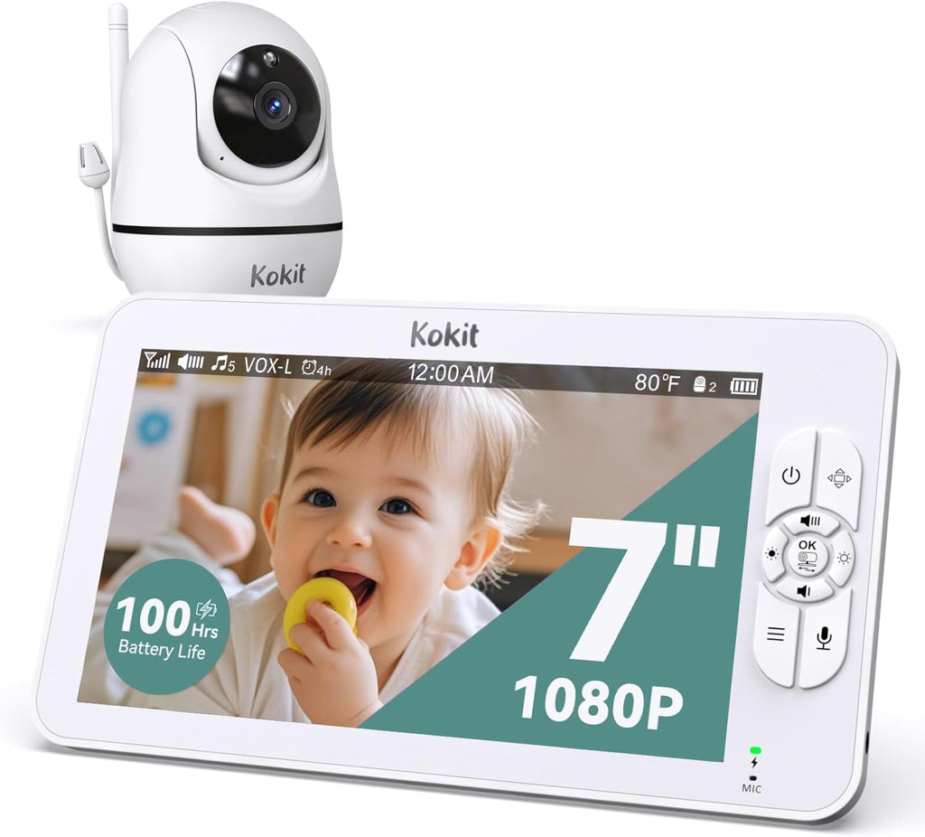 7' 1080P Full HD Dual Camera Baby Monitor 100-Hour Battery Pan-Tilt 355°/120° & 4X Zoom Night Vision & VOX 2-Way Talk & Lullabies Data Protection 2.4GHz Wi-Fi Only
