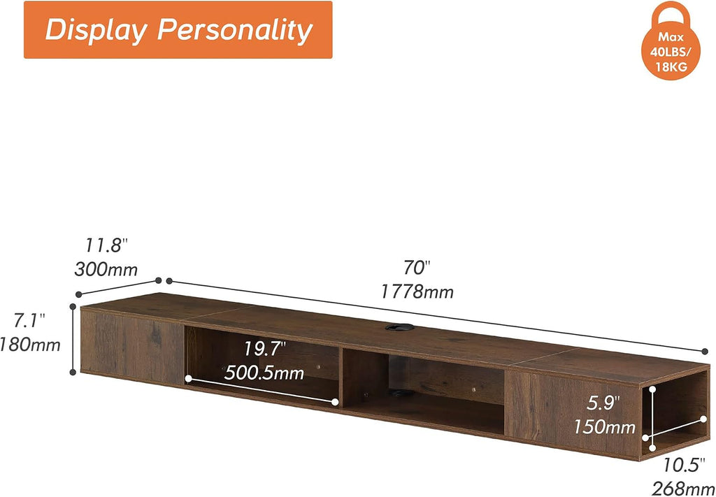 WAMPAT Floating Entertainment Center for 80 Inch TV,TV Stand Wall Mounted with LED Light, Floating TV Shelf Under TV for Living Room, Bedroom, Brown