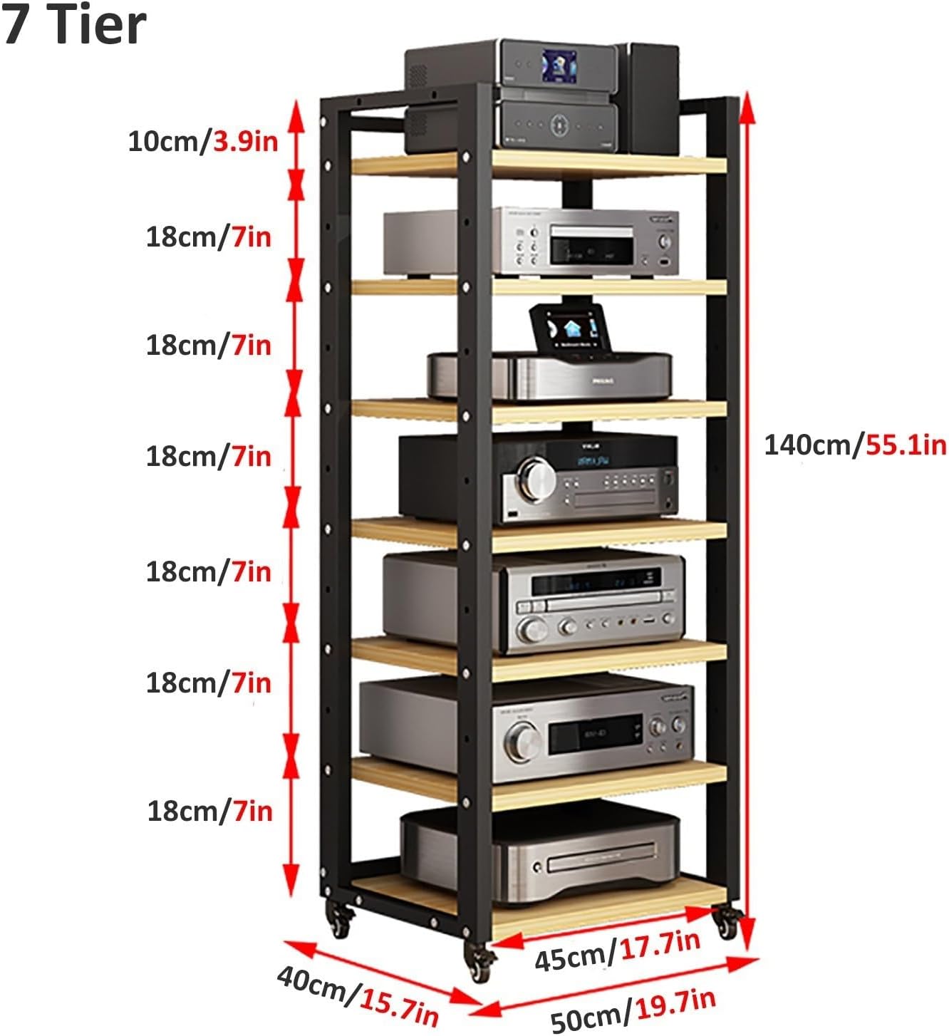 5 6 7 Tier AV Media Cabinet Stand, 4.6FT Tall Audio Tower Rack, Corner TV Stand With Adjustable Shelf, Modern Stereo Racks for Living, Gaming, Recording Room (Black-1, 7 Tier)