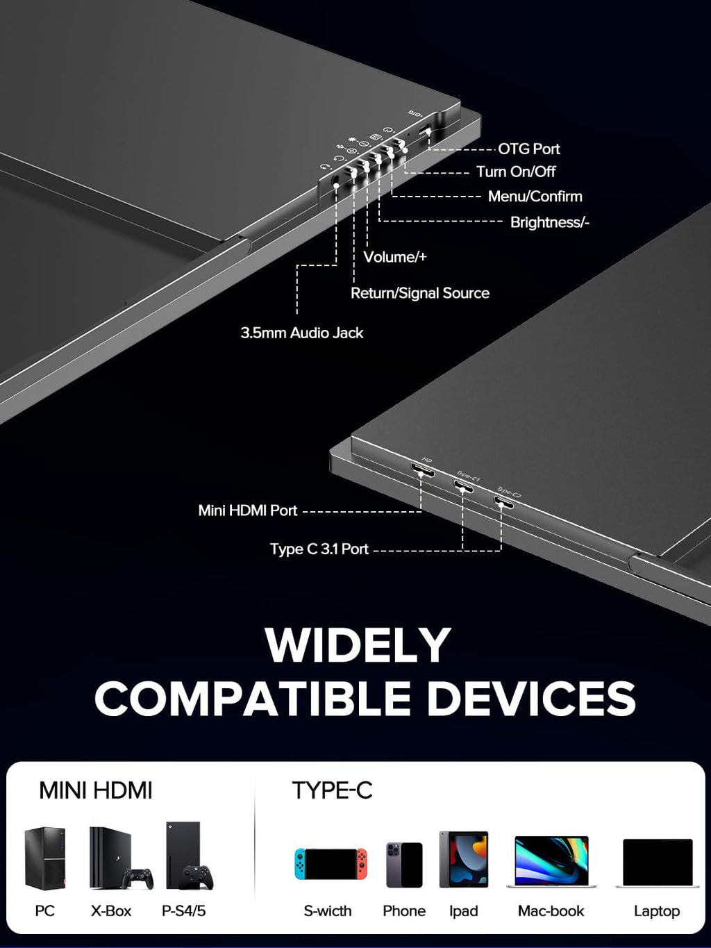 UPERFECT Portable Monitor, 24.5' 2K 165Hz 500Nits 0.1ms FreeSync HDR IPS Gaming Monitor with Stand VESA USB-C Mini HDMI, Large Second Screen for Laptop, Computer, Phone, Mini PC, Game Consoles
