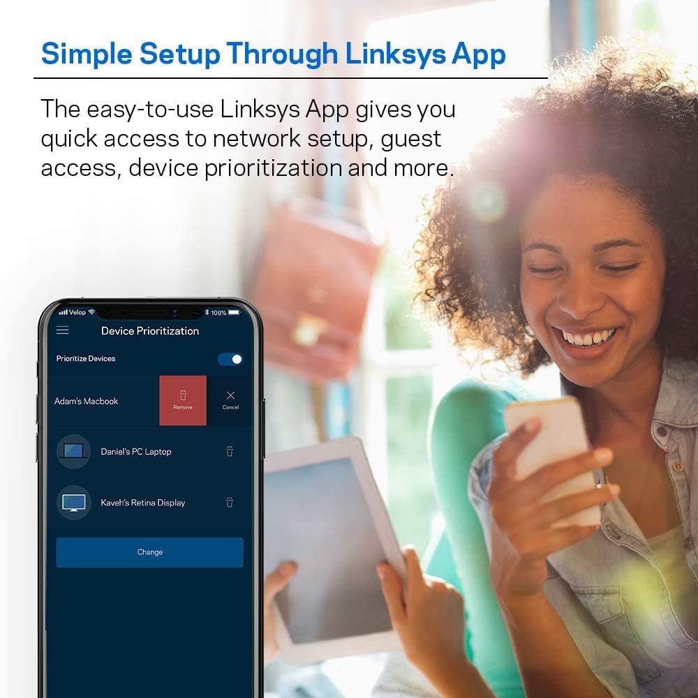 Linksys Velop Mesh Home WiFi System, 4,000 Sq. ft Coverage, 40+ Devices, Speeds up to (AC2200) 2.2Gbps - WHW0302