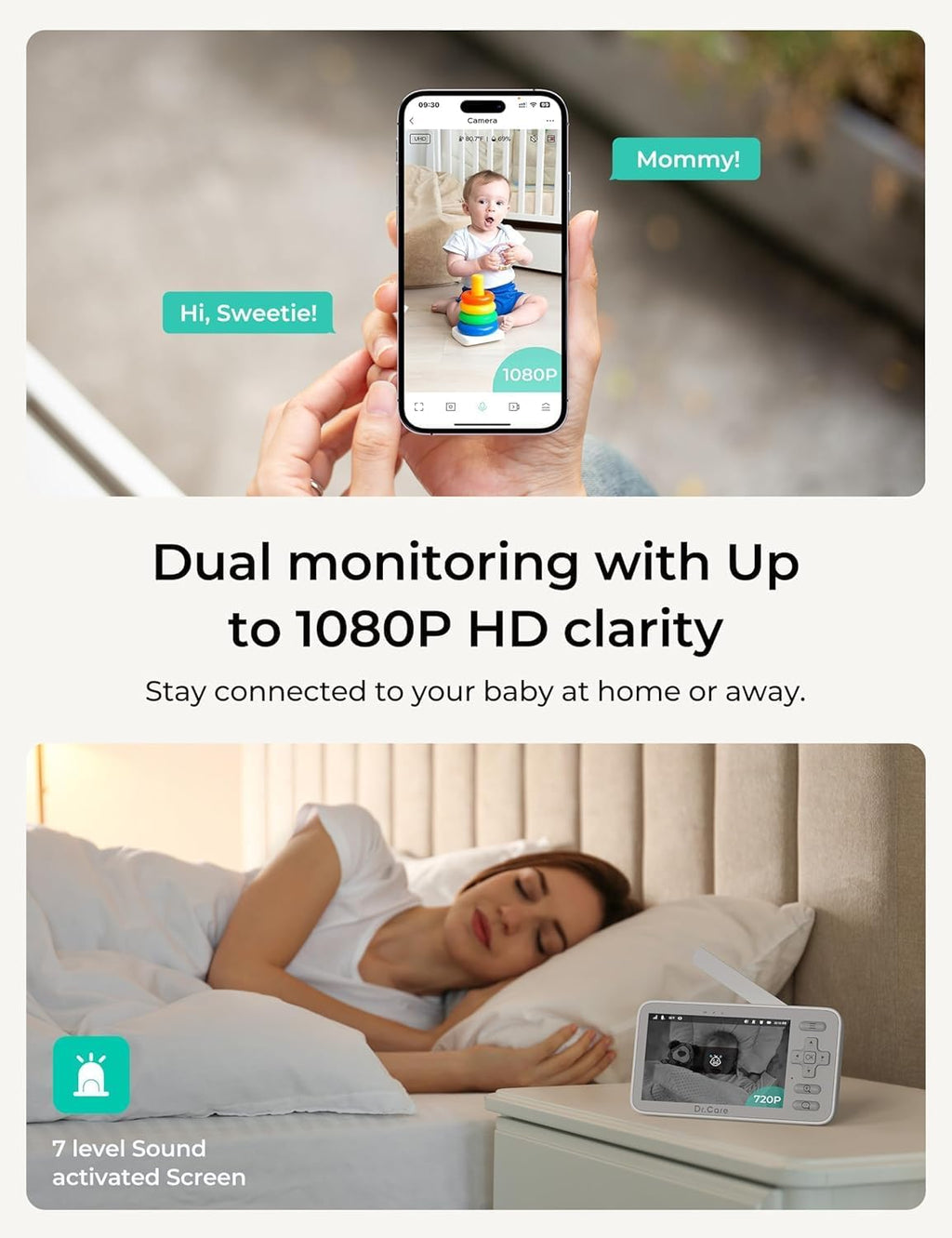 Dr.Care VistaView Lite Smart WiFi Baby Monitor with 2 Cameras- 4' 720P Split Screen & 1080P Camera App Control, Motion Alerts, Night Vision, 3000mAh Battery, 2-Way Talk, Triple Security, 1000ft Range