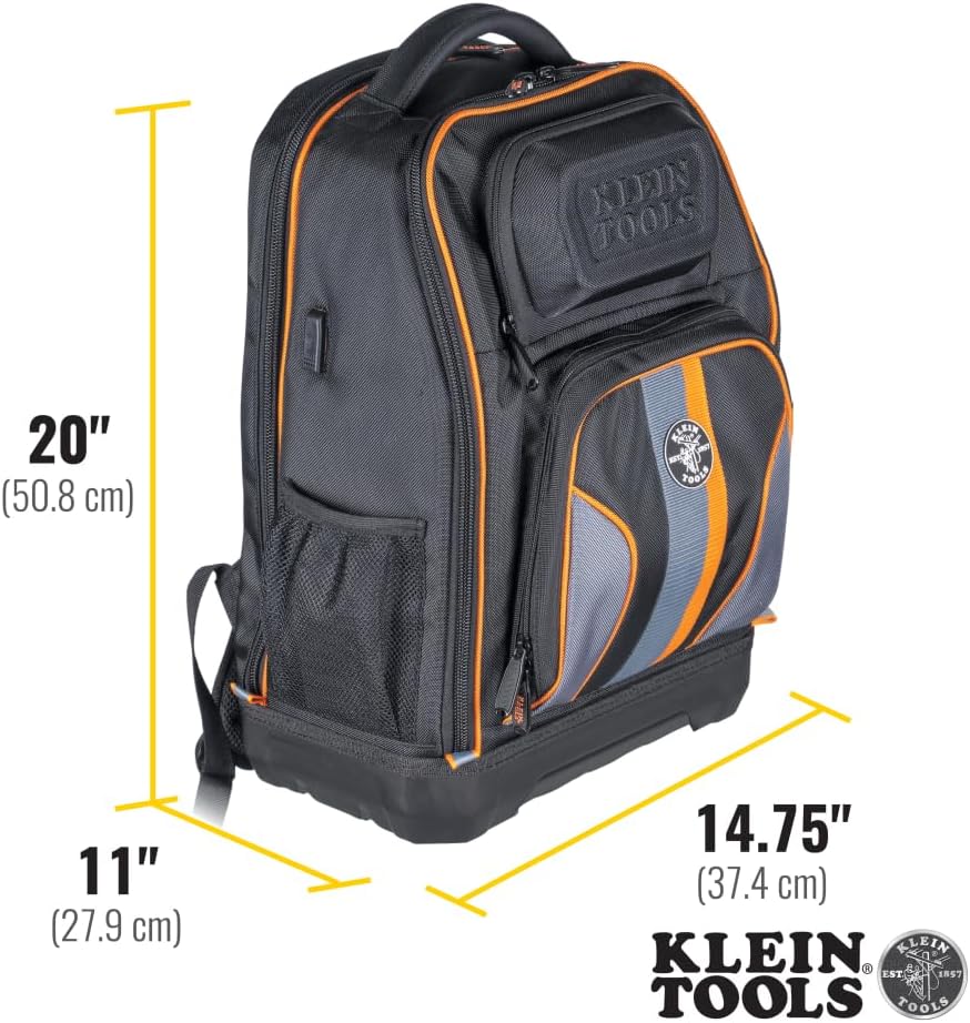 Klein Tools 62805BPTECH 28-Pocket Laptop Backpack Tool Bag, Tradesman Pro Extra-Large Tech Tool Backpack with Molded Bottom, Charging Port